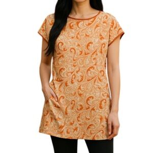 Club Monaco Silk Printed Shift Tunic Top Orange Peach Cap Sleeve Lined Size XS